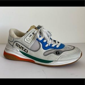 GUCCI WOMEN`S ULTRAPACE WHITE LEATHER AND FABRIC LOW TOP SNEAKERS